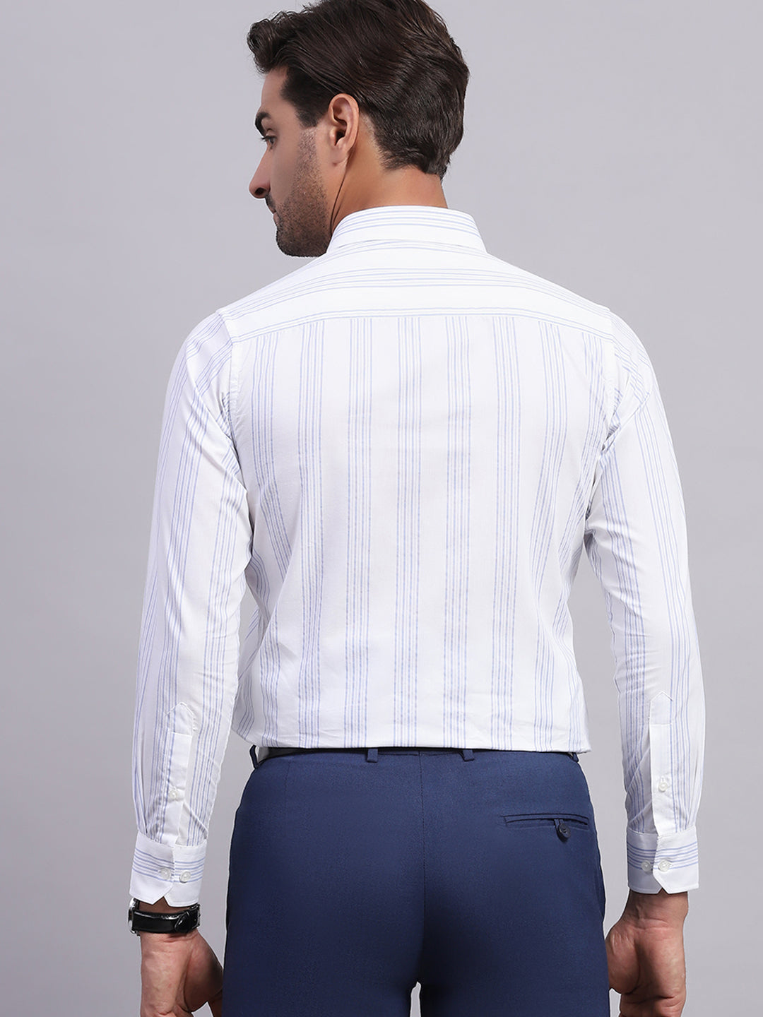 Men White & Blue Stripe Collar Full Sleeve Shirt