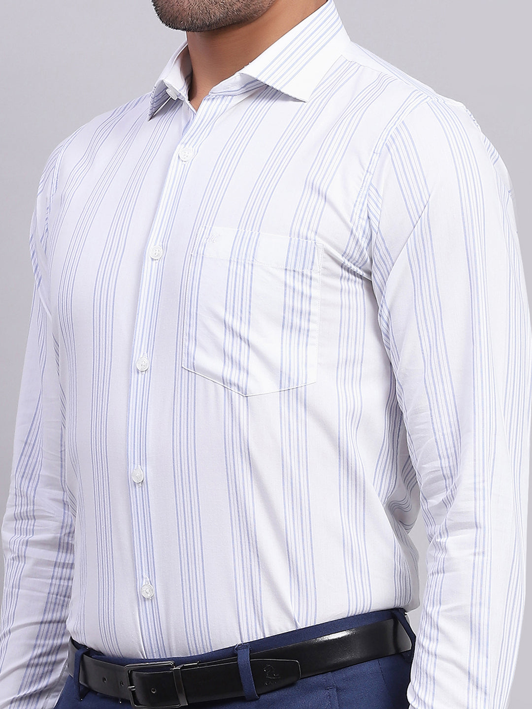 Men White & Blue Stripe Collar Full Sleeve Shirt