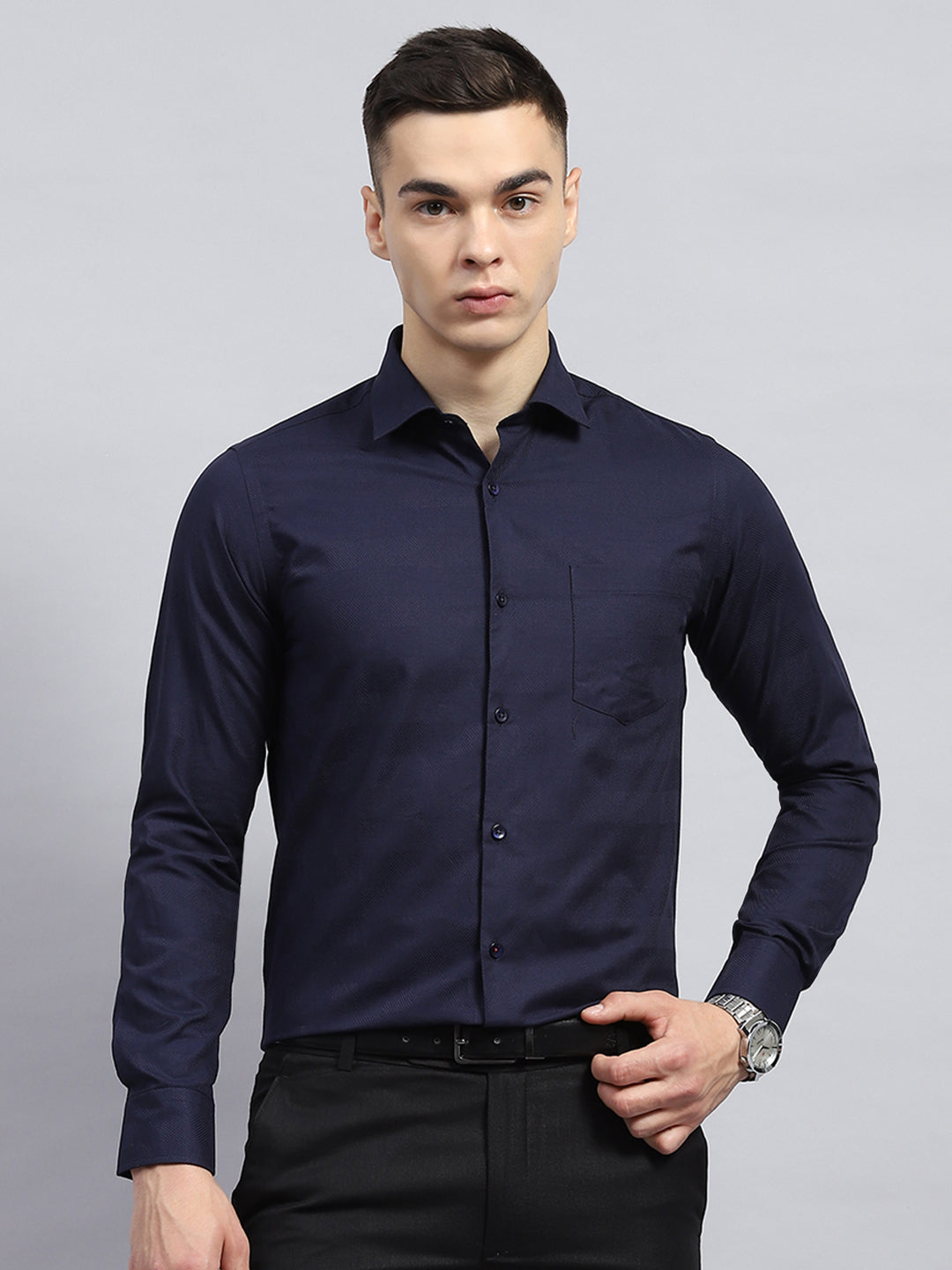 Men Navy Blue Self Design Collar Full Sleeve Shirt