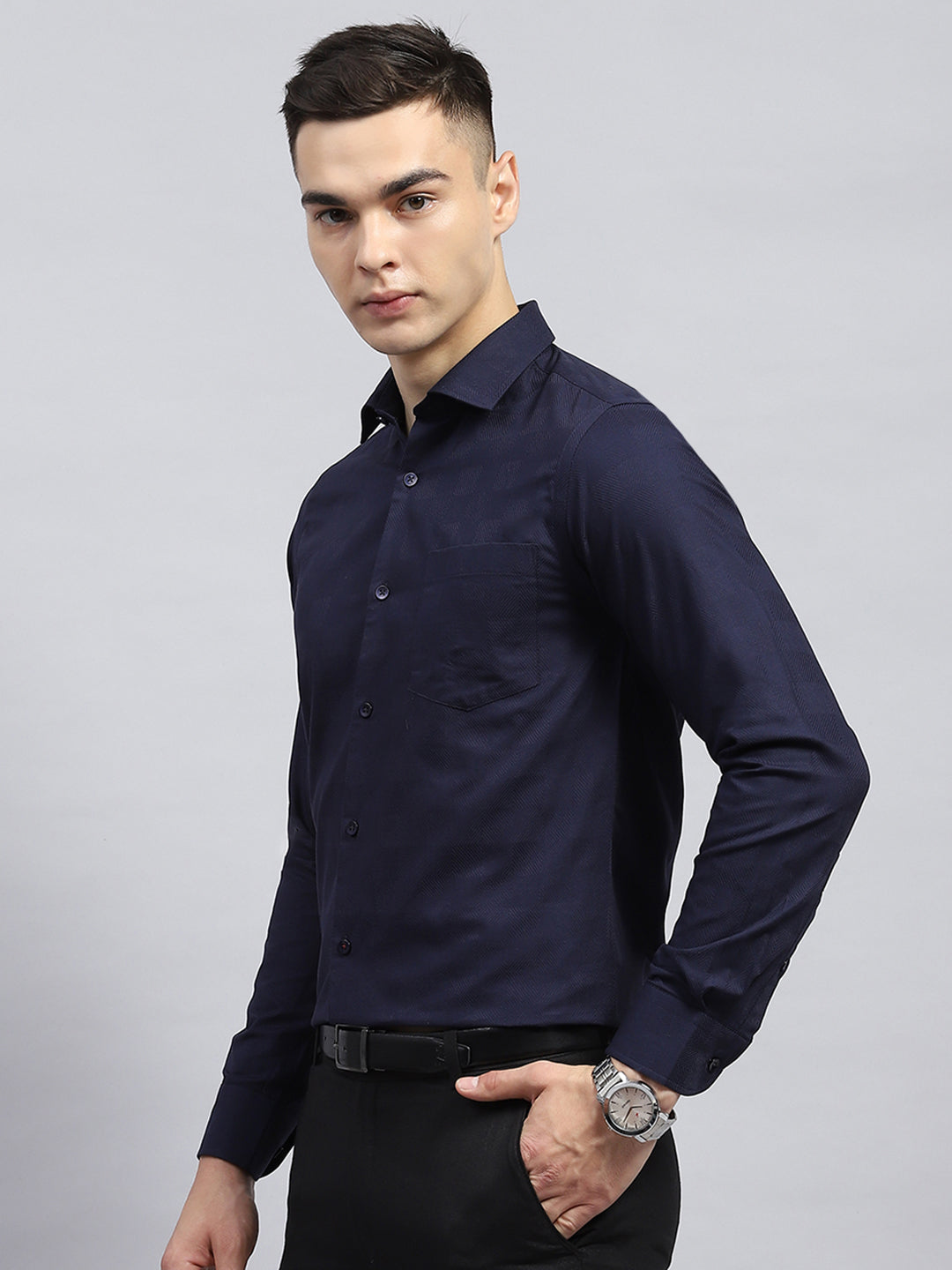 Men Navy Blue Self Design Collar Full Sleeve Shirt