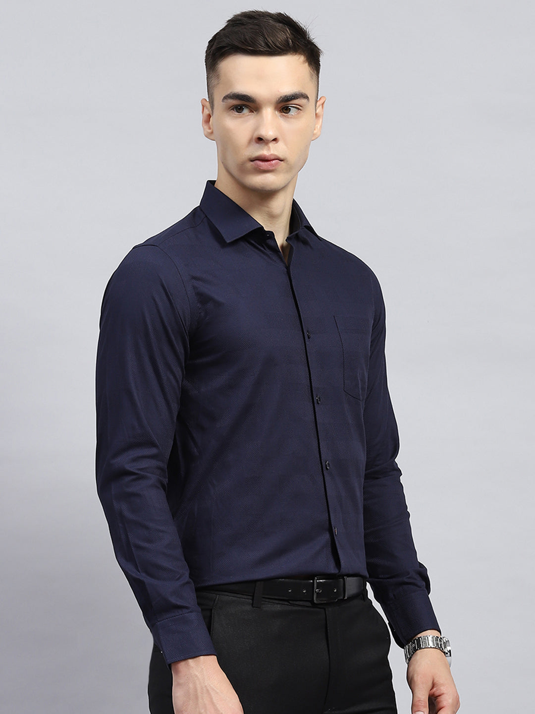 Men Navy Blue Self Design Collar Full Sleeve Shirt