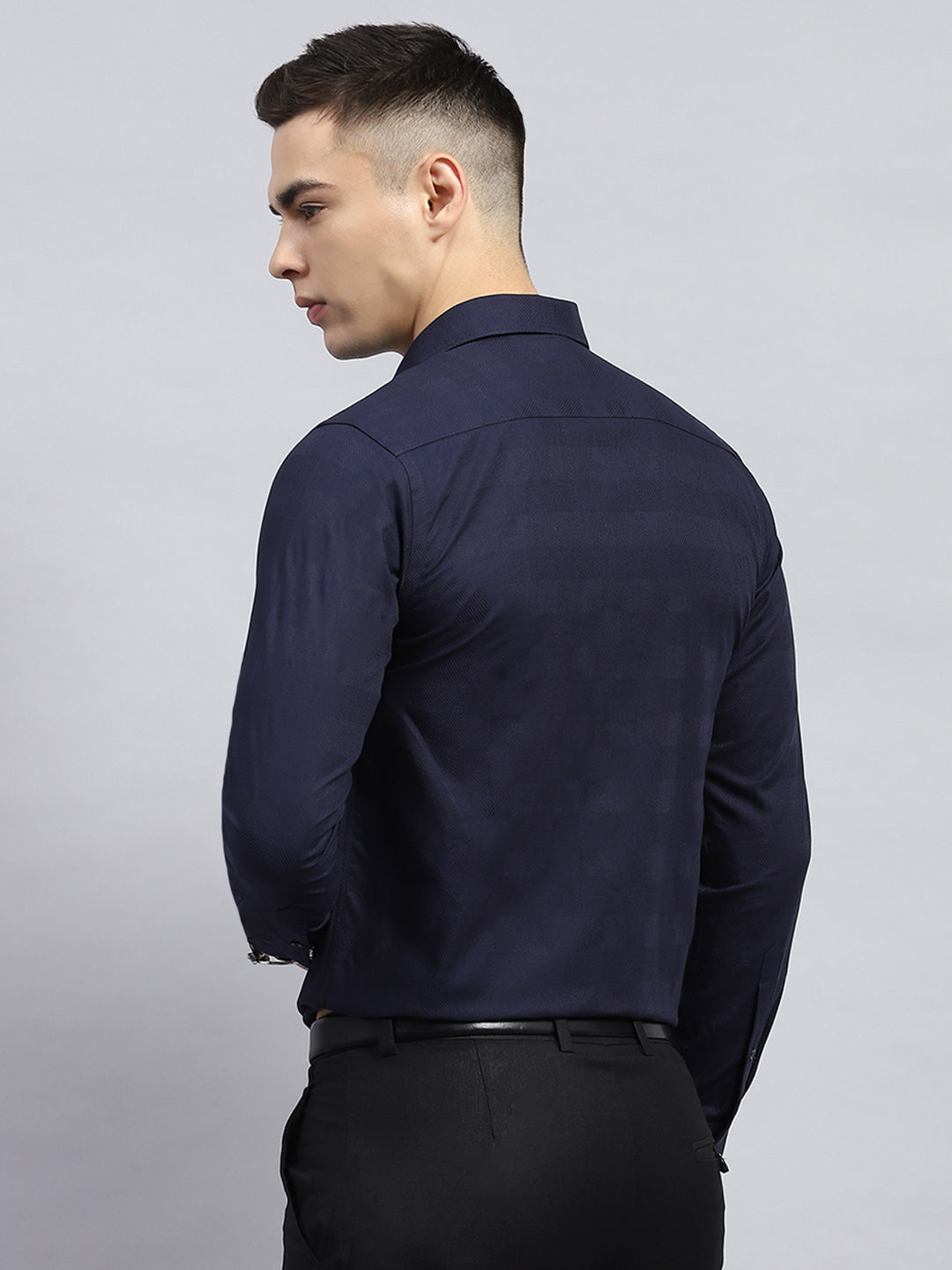 Men Navy Blue Self Design Collar Full Sleeve Shirt