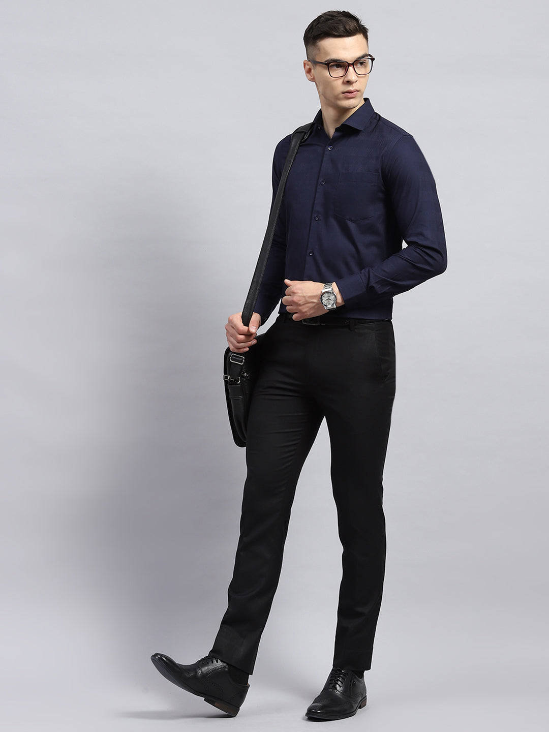 Men Navy Blue Self Design Collar Full Sleeve Shirt