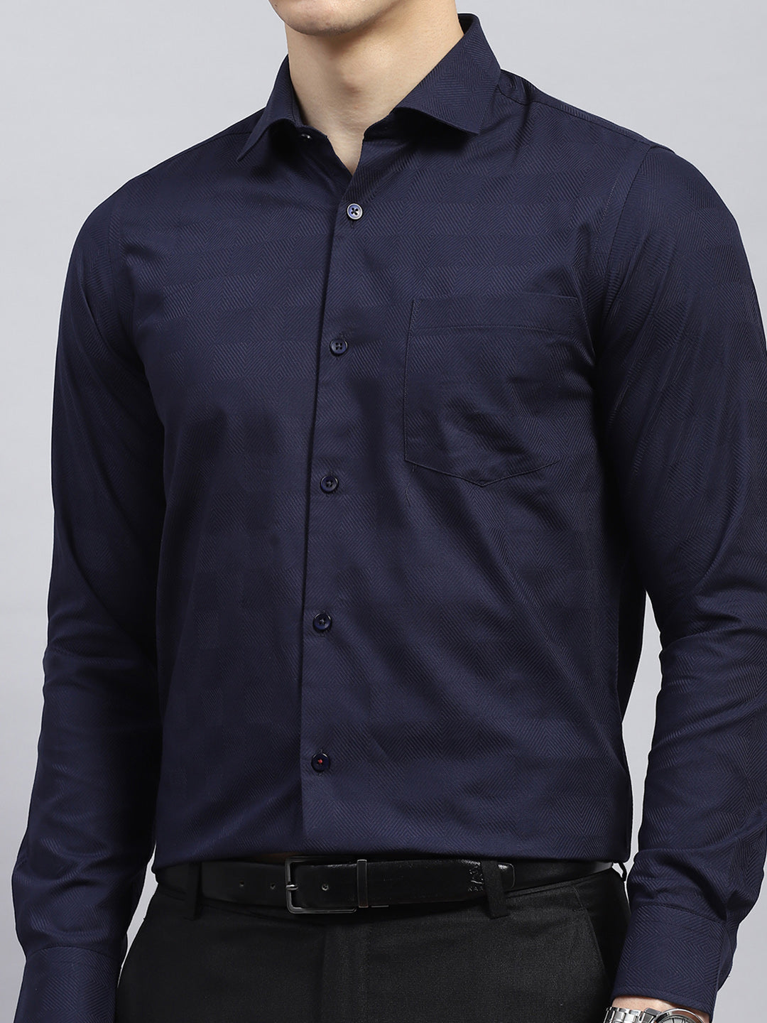 Men Navy Blue Self Design Collar Full Sleeve Shirt