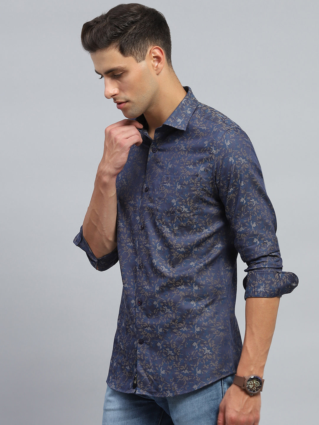 Men Blue Printed Collar Full Sleeve Shirt