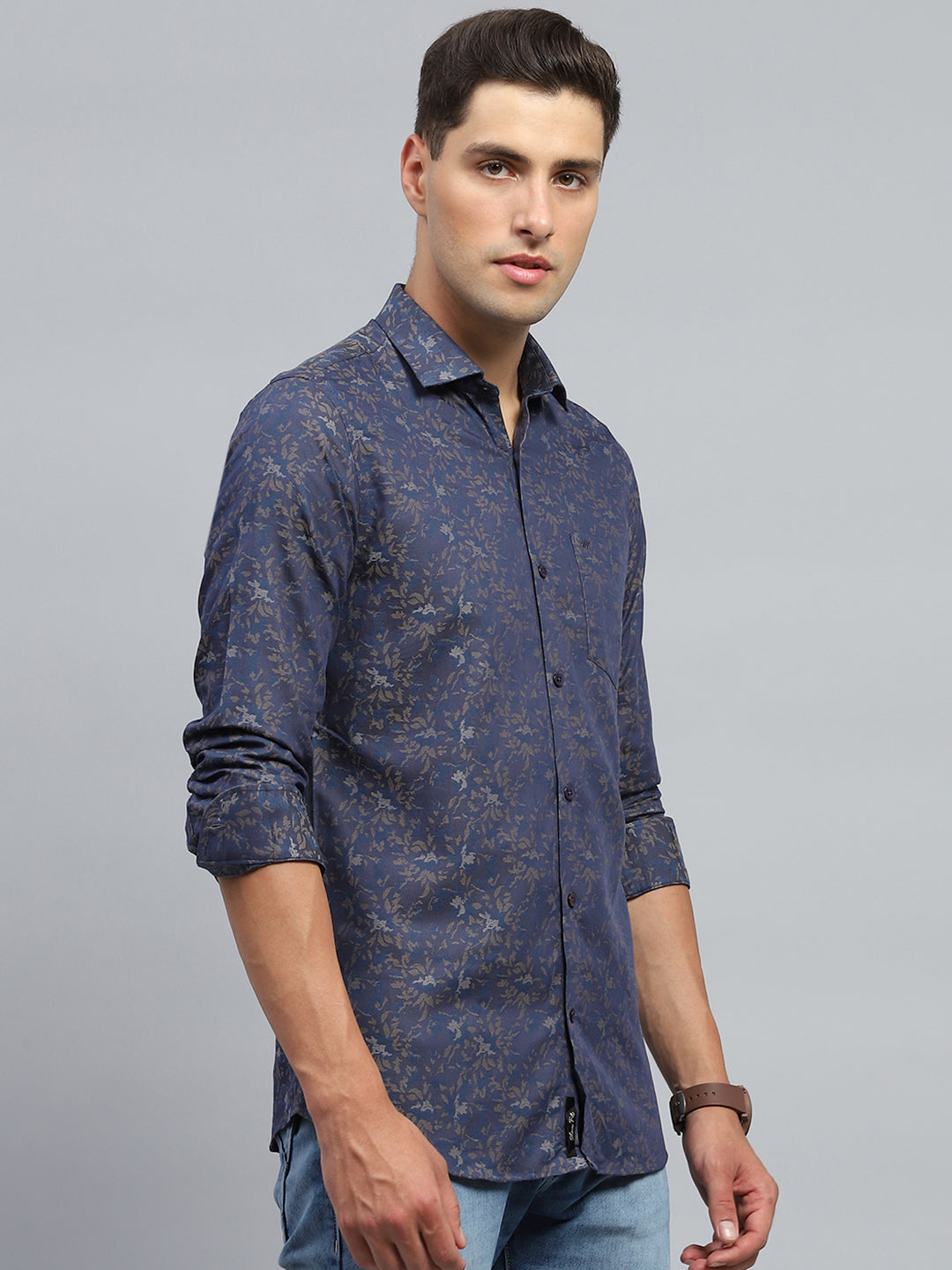 Men Blue Printed Collar Full Sleeve Shirt