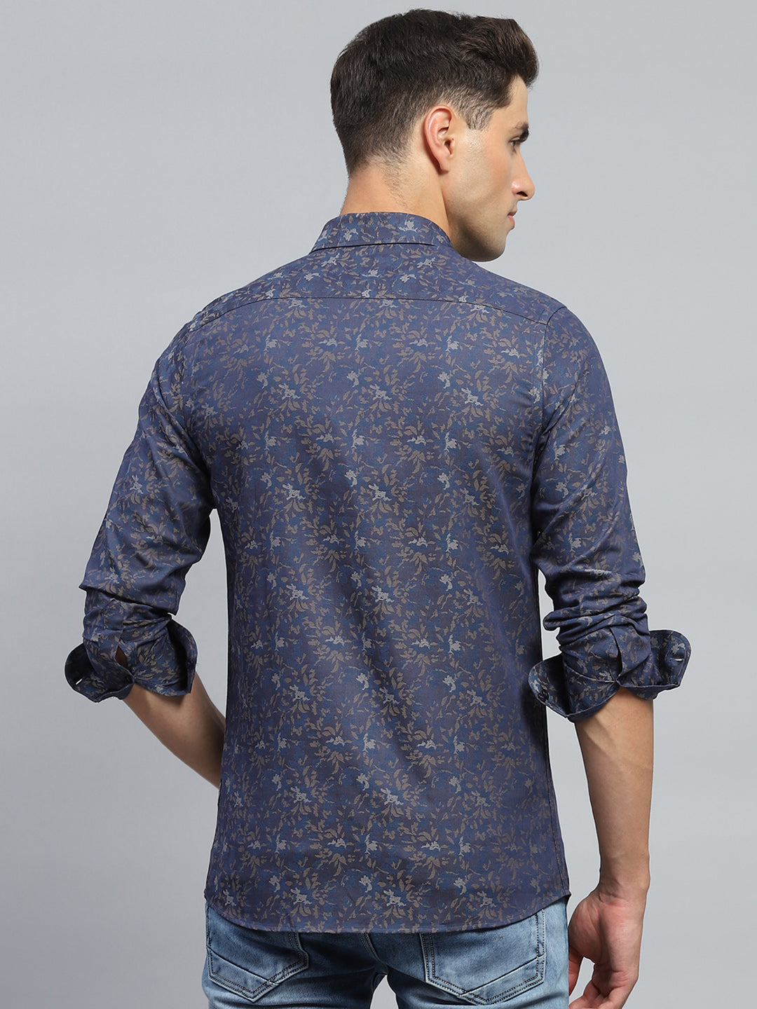 Men Blue Printed Collar Full Sleeve Shirt