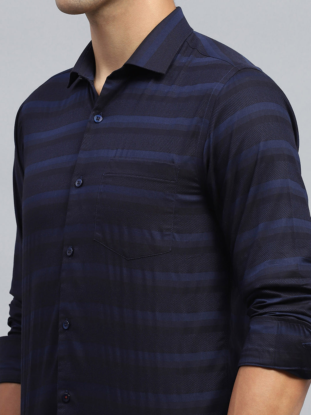 Men Navy Blue Stripe Collar Full Sleeve Shirt