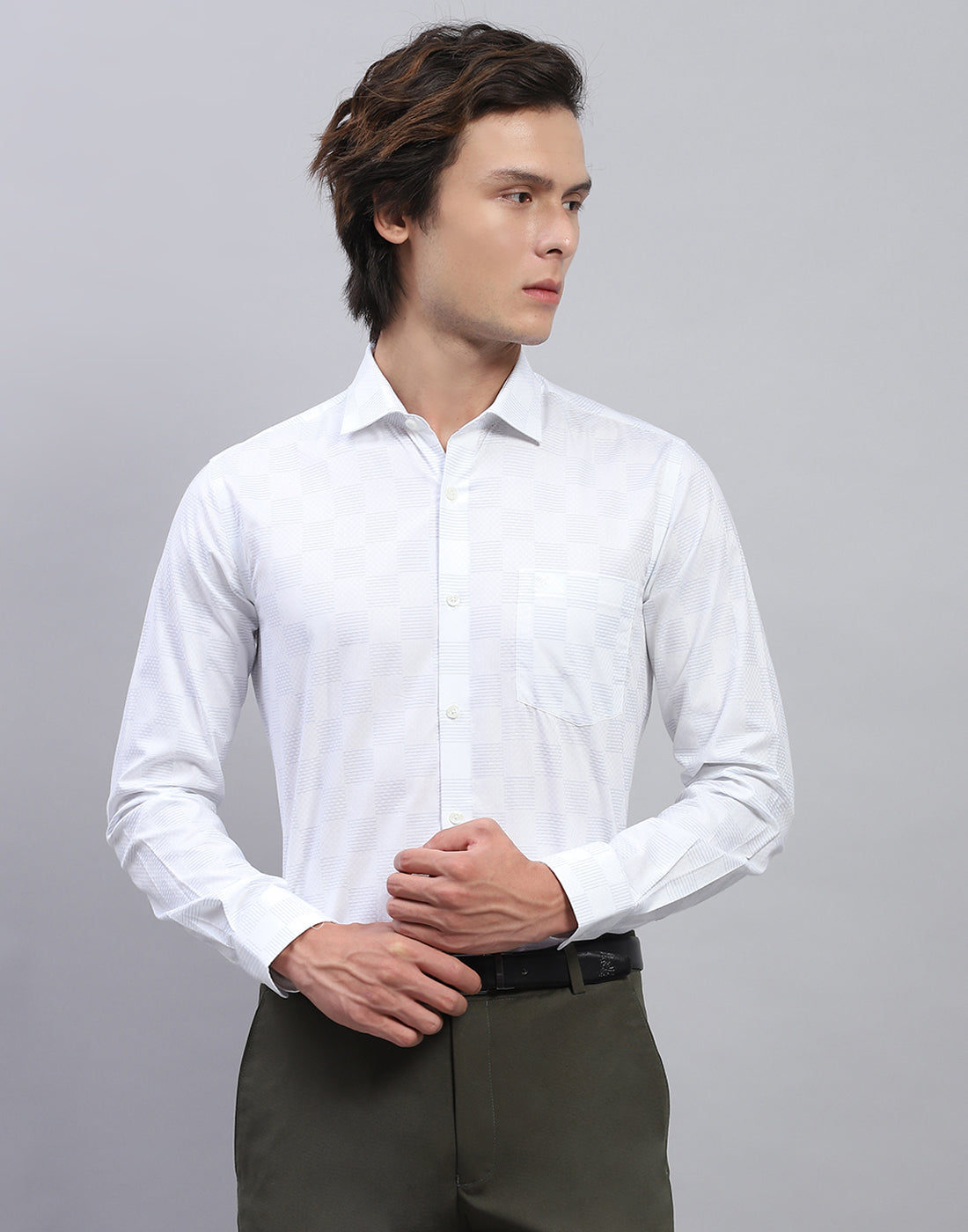 Men White Check Collar Full Sleeve Shirt