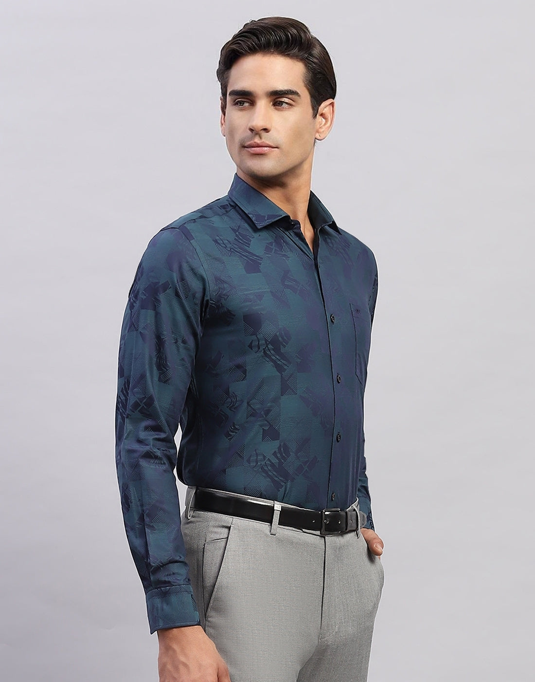 Men Navy Blue Self Design Collar Full Sleeve Shirt