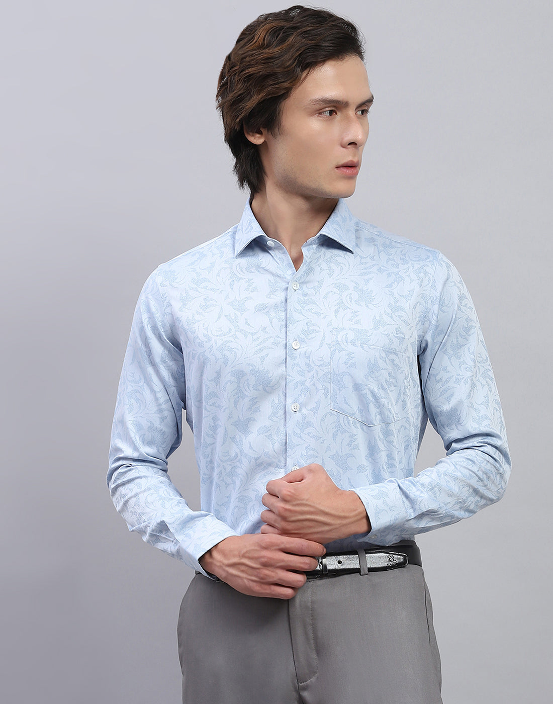 Men Blue Floral Print Collar Full Sleeve Shirt