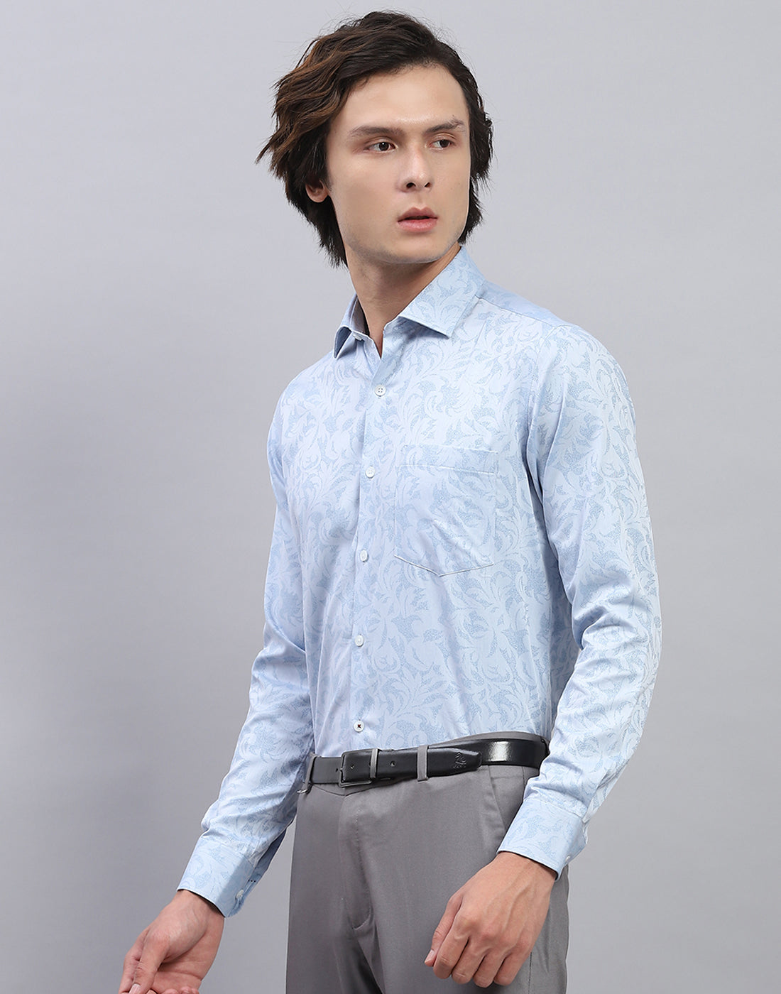 Men Blue Floral Print Collar Full Sleeve Shirt