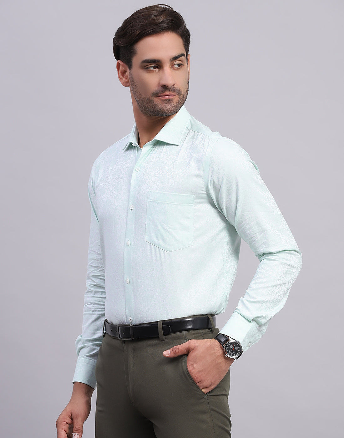 Men Light Blue Self Design Collar Full Sleeve Shirt