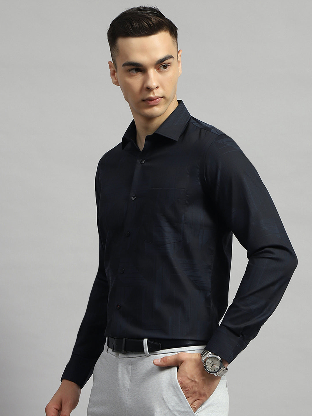 Men Black Self Design Collar Full Sleeve Shirt