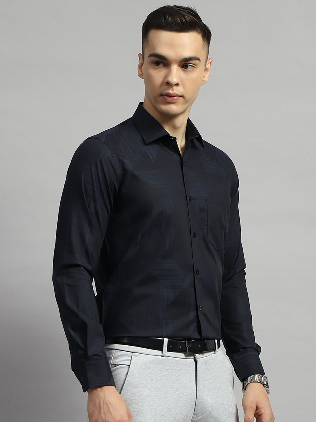 Men Black Self Design Collar Full Sleeve Shirt