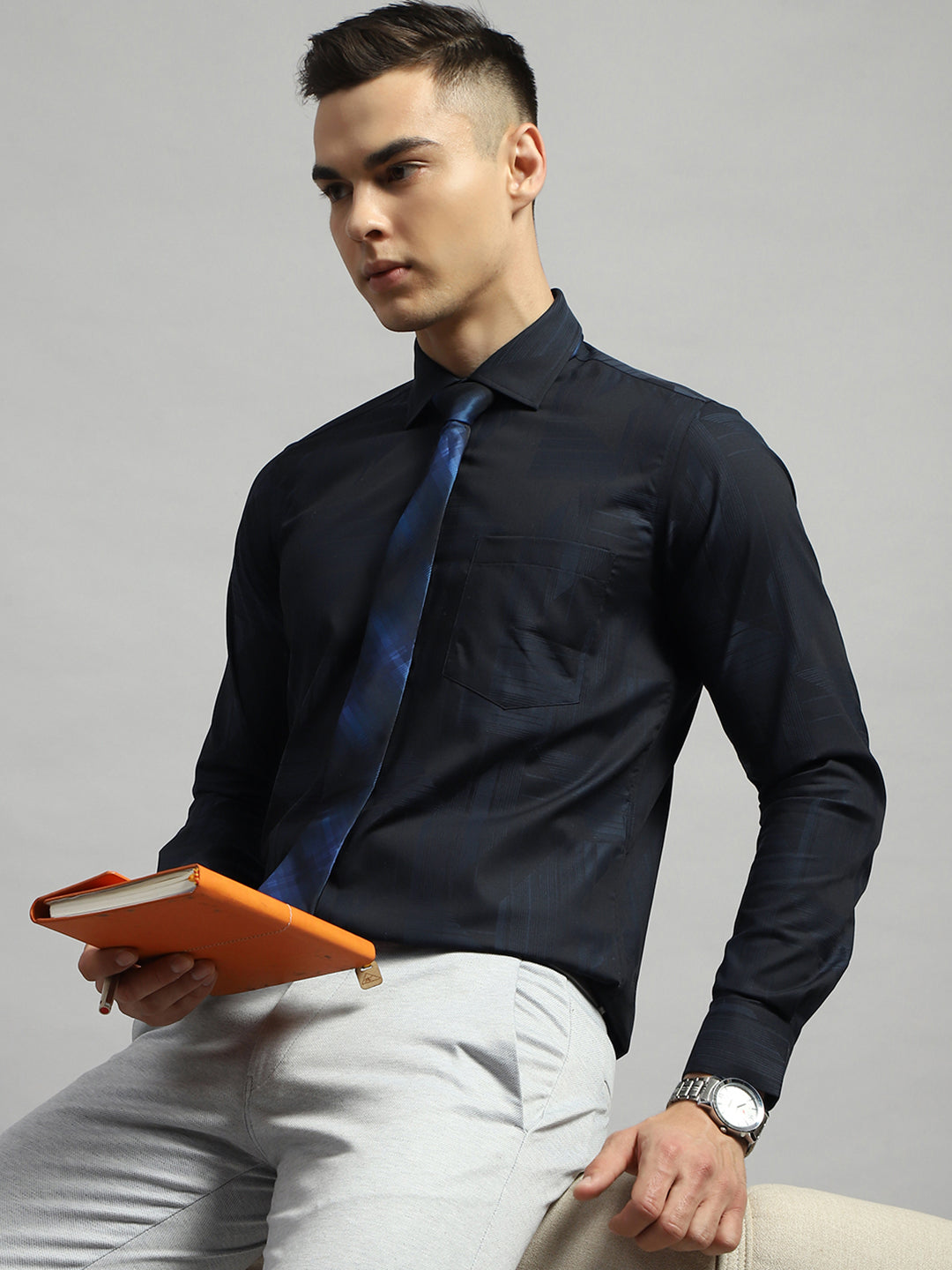 Men Black Self Design Collar Full Sleeve Shirt