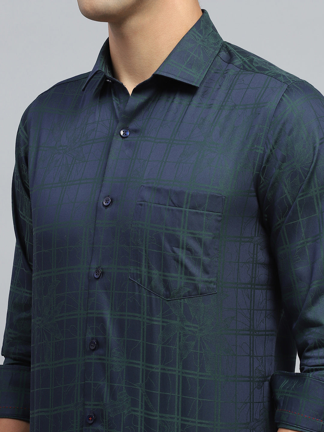 Men Navy Blue Check Collar Full Sleeve Shirt