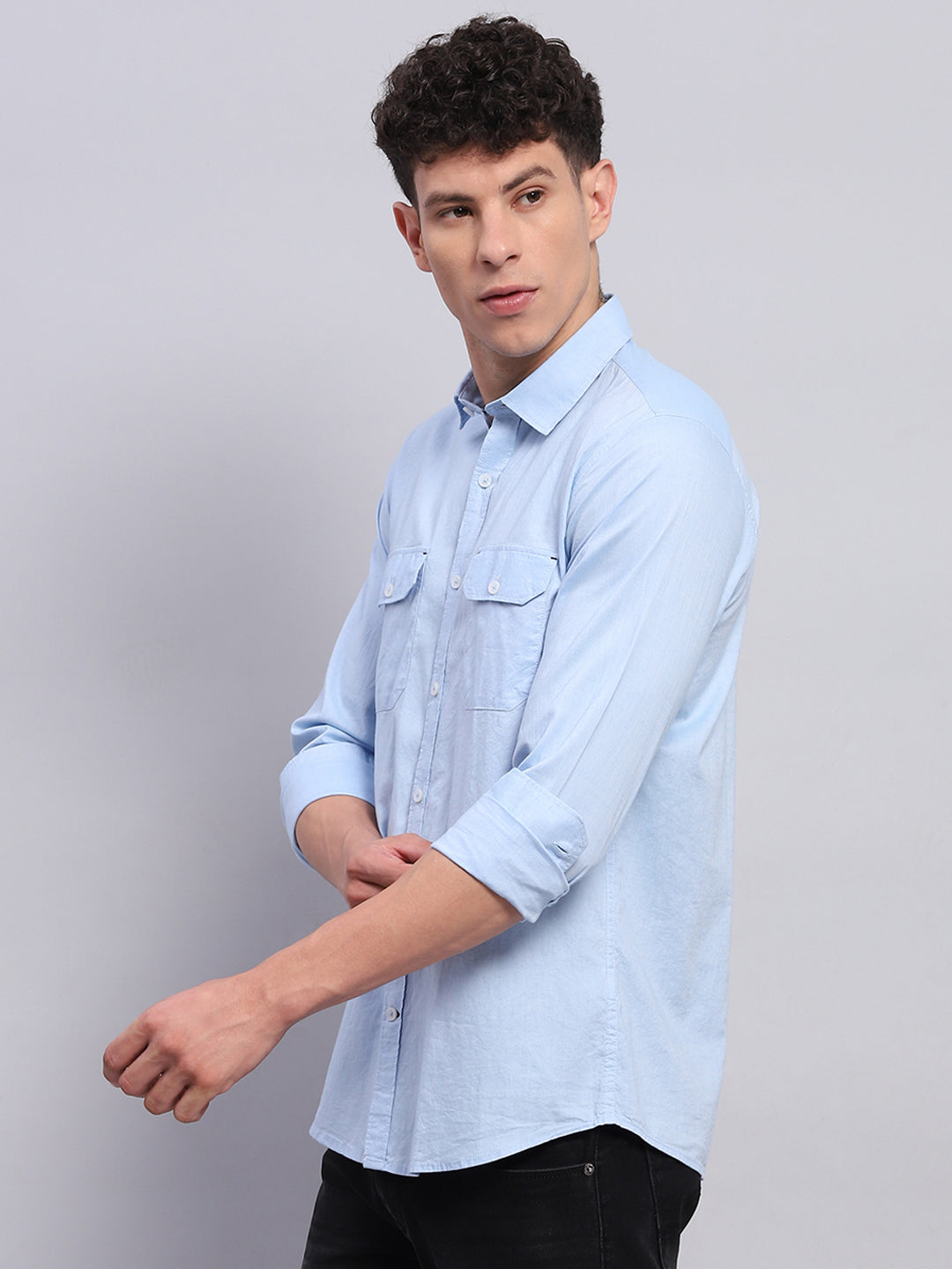 Men Blue Solid Collar Full Sleeve Shirt