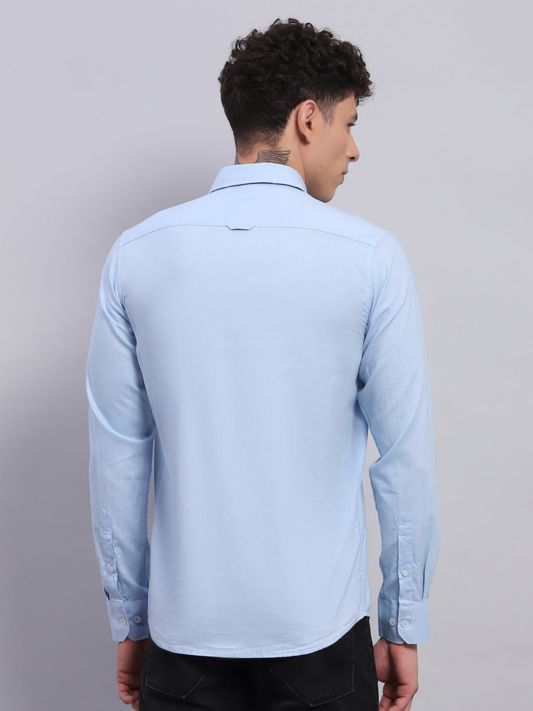 Men Blue Solid Collar Full Sleeve Shirt