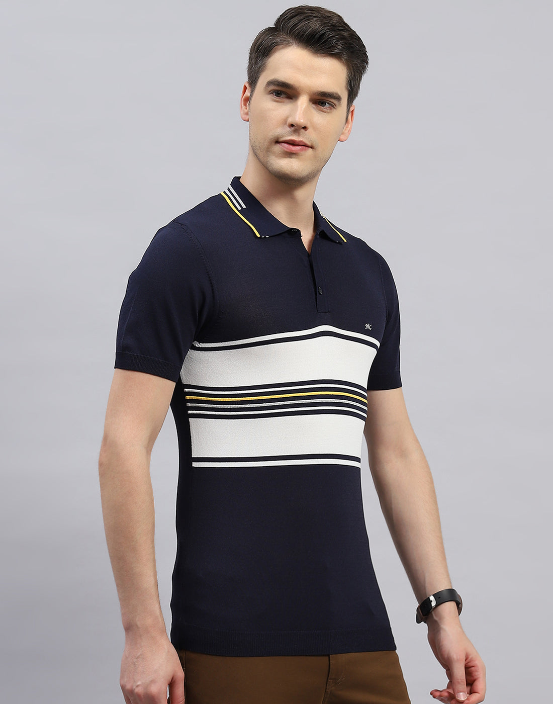 Men Navy Blue Stripe Polo Collar Half Sleeve T-Shirt