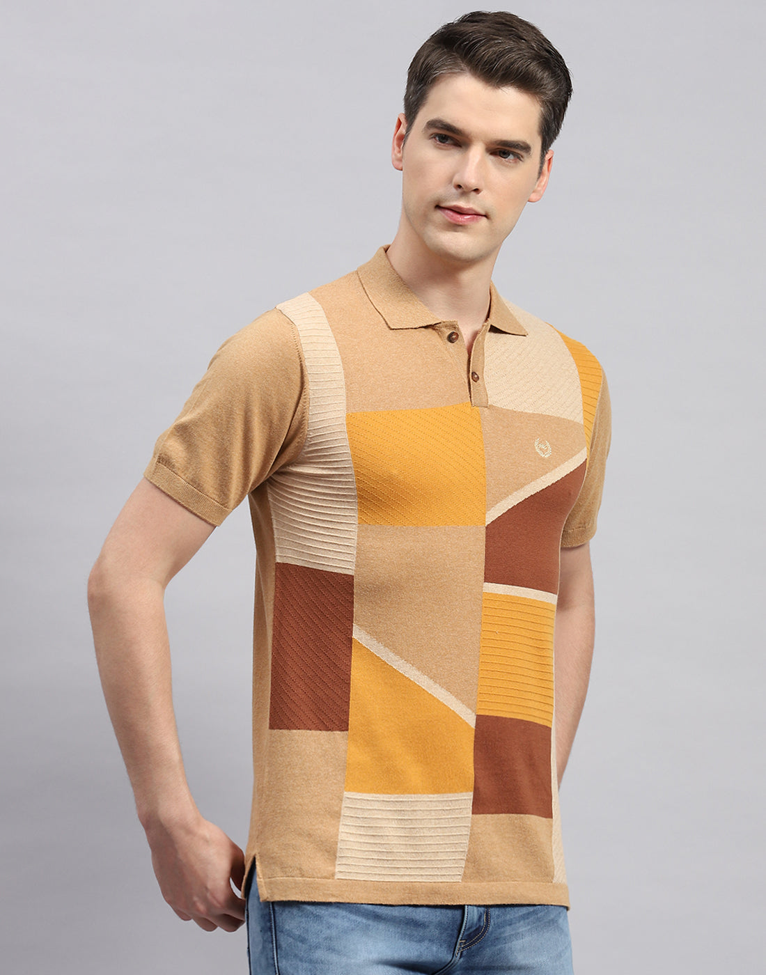 Men Camel Brown Stripe Polo Collar Half Sleeve T-Shirt