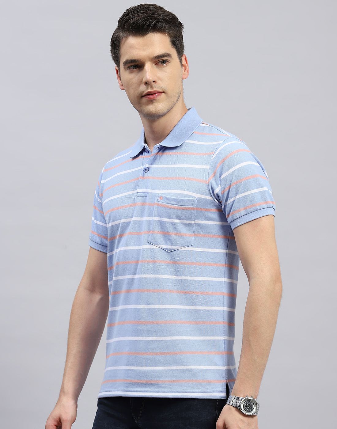 Men Sky Blue Stripe Polo Collar Half Sleeve T-Shirt