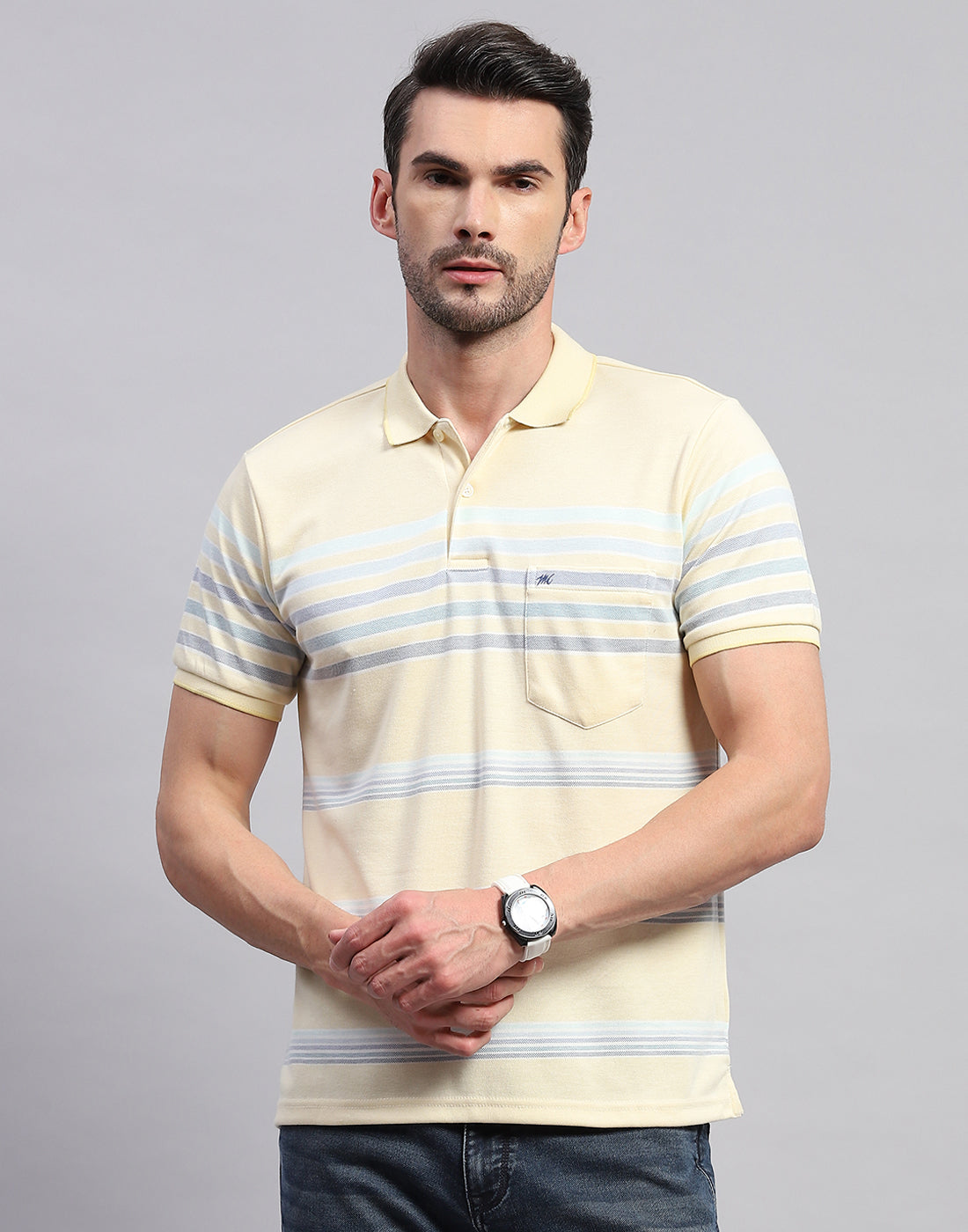 Men Yellow Stripe Polo Collar Half Sleeve T-Shirt