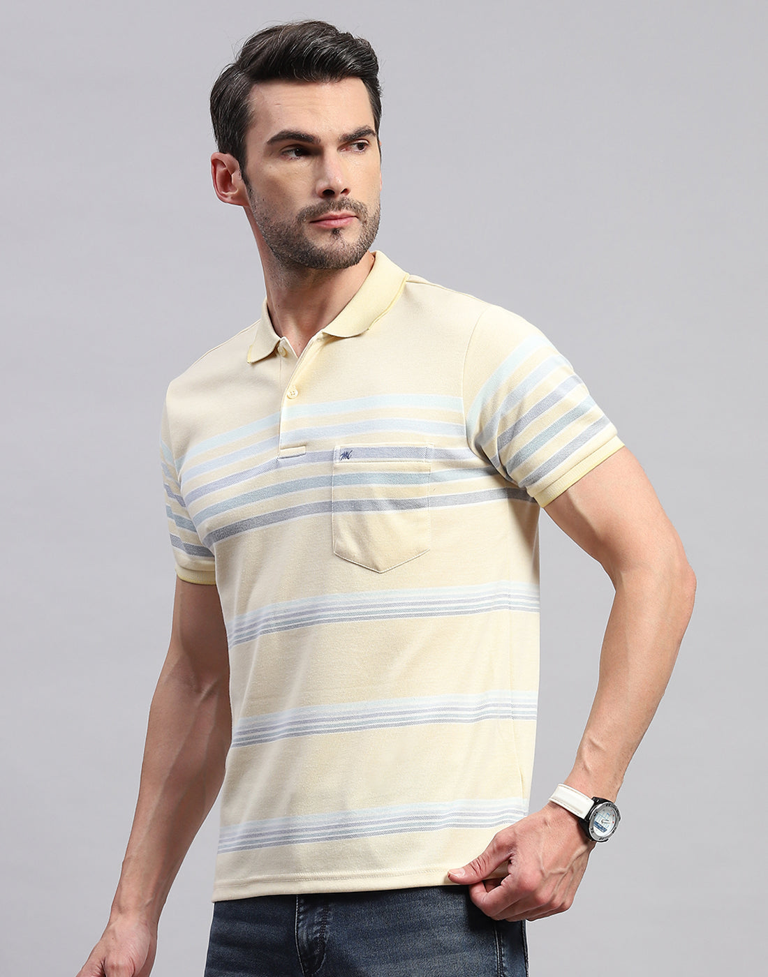 Men Yellow Stripe Polo Collar Half Sleeve T-Shirt