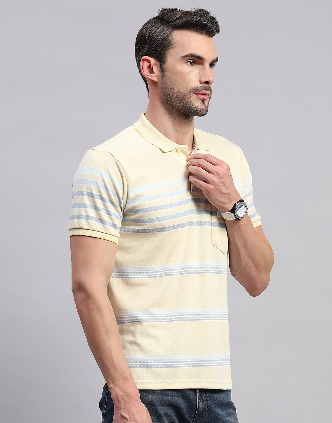 Men Yellow Stripe Polo Collar Half Sleeve T-Shirt