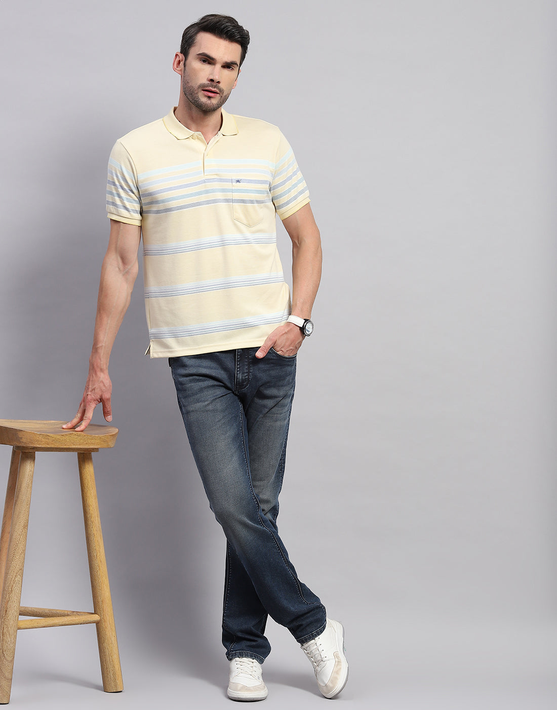 Men Yellow Stripe Polo Collar Half Sleeve T-Shirt