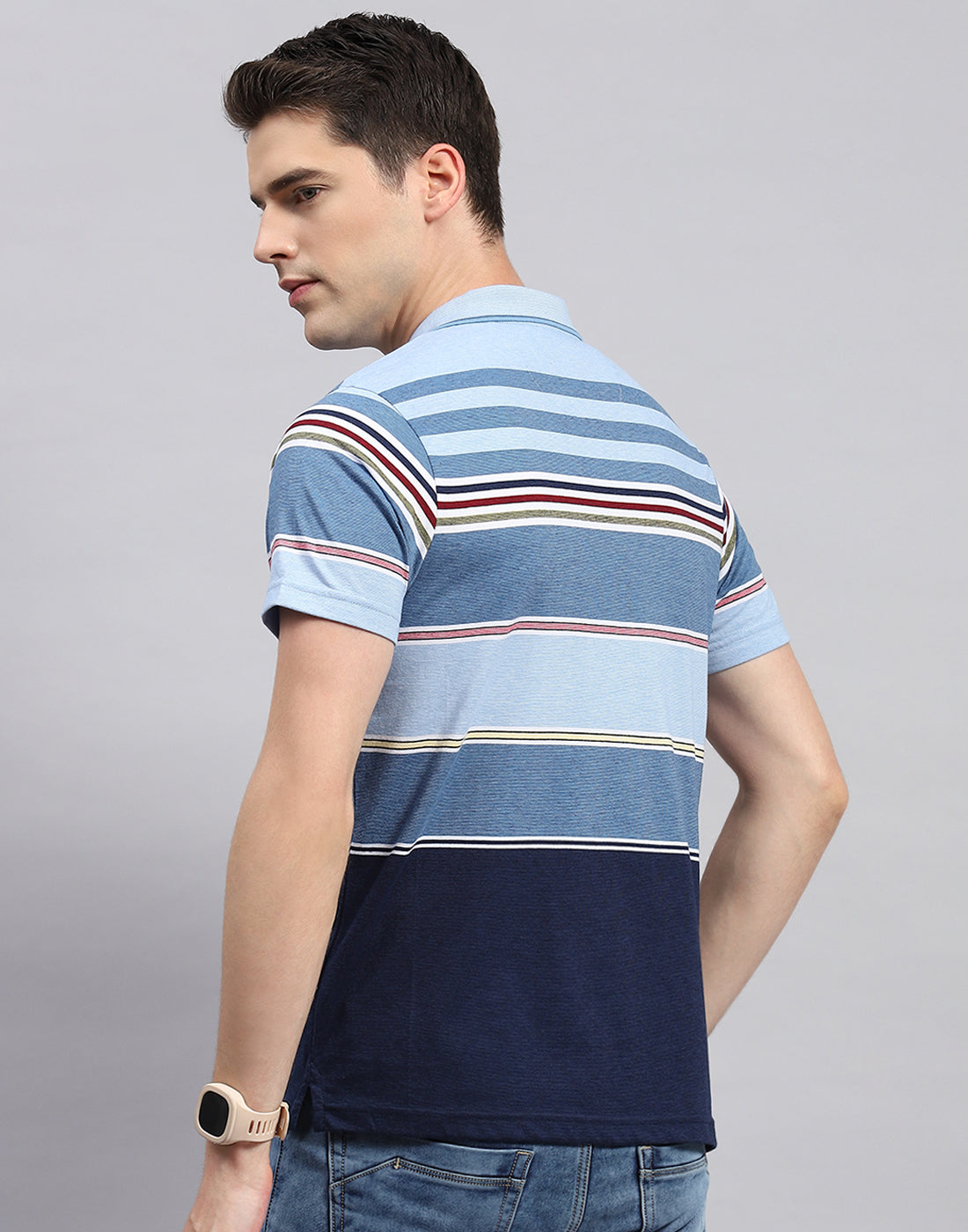 Men Blue Stripe Collar Neck Half Sleeve T-Shirt