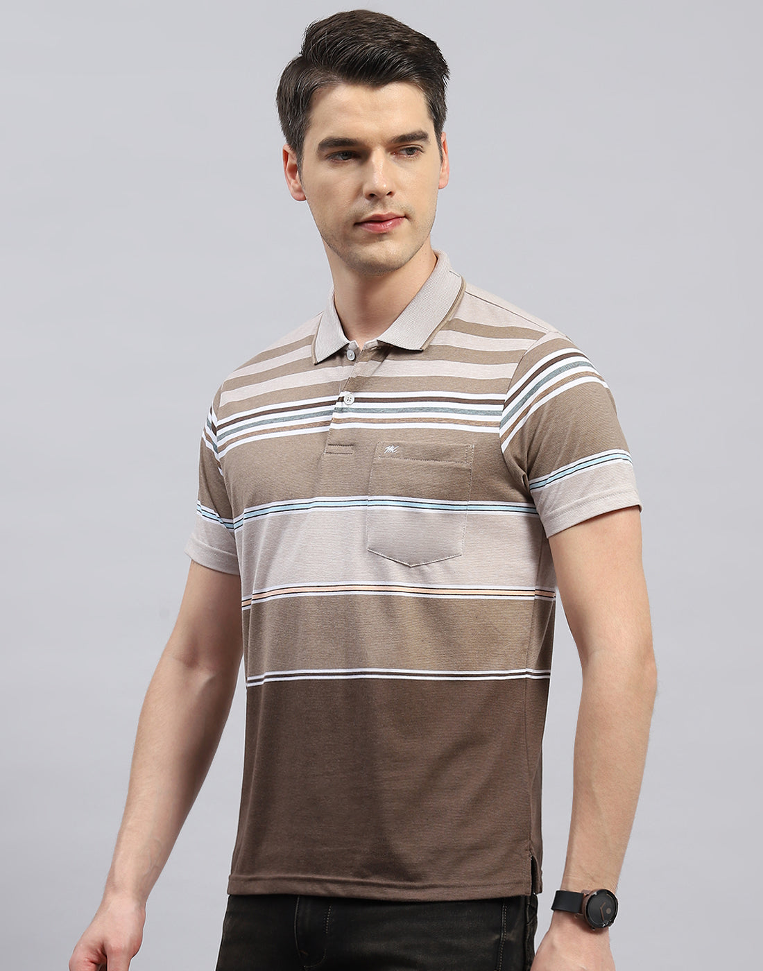 Men Brown Stripe Polo Collar Half Sleeve T-Shirt