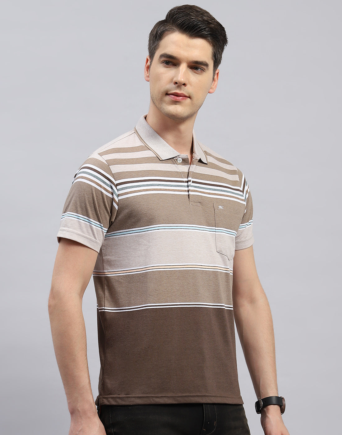 Men Brown Stripe Polo Collar Half Sleeve T-Shirt