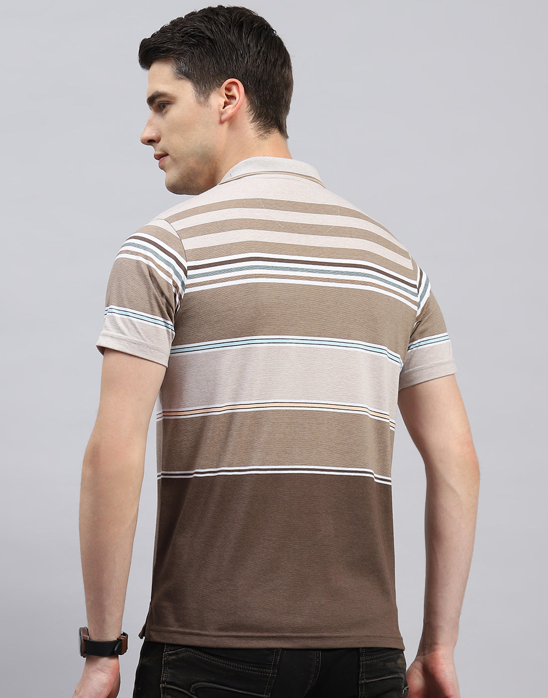 Men Brown Stripe Polo Collar Half Sleeve T-Shirt