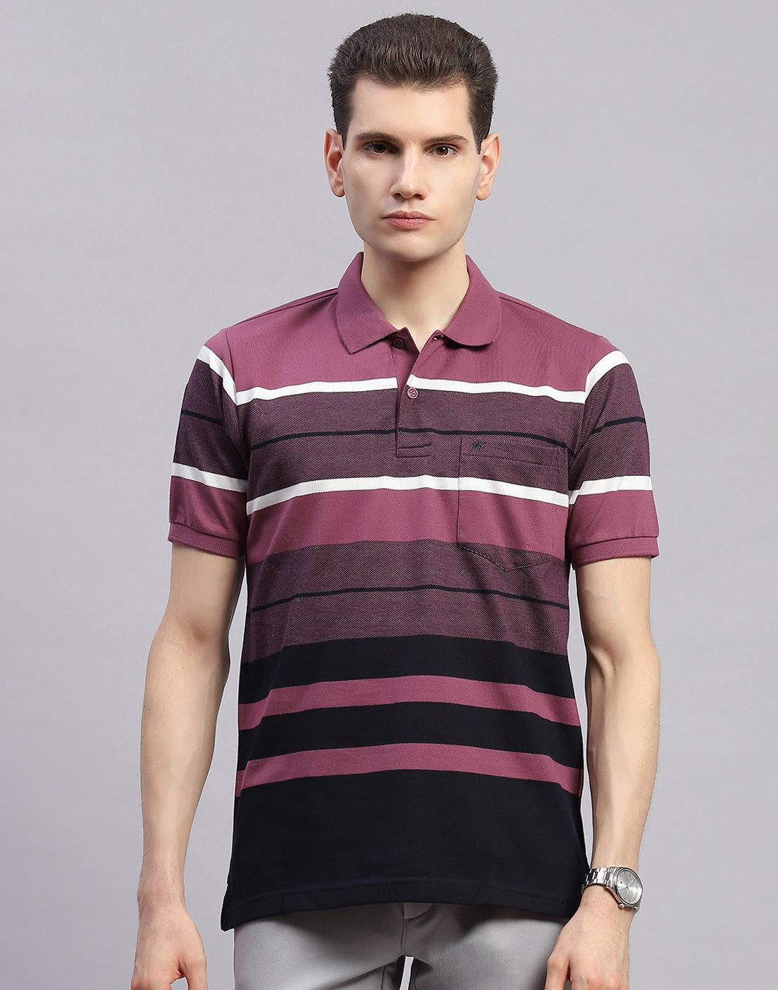 Men Purple Stripe Collar Half Sleeve T-Shirt