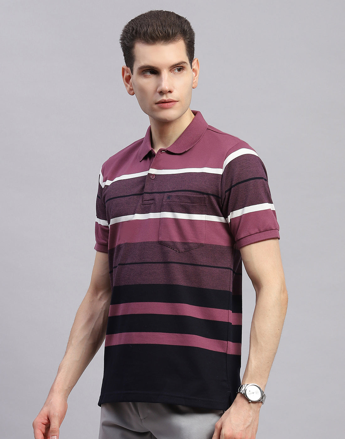 Men Purple Stripe Collar Half Sleeve T-Shirt