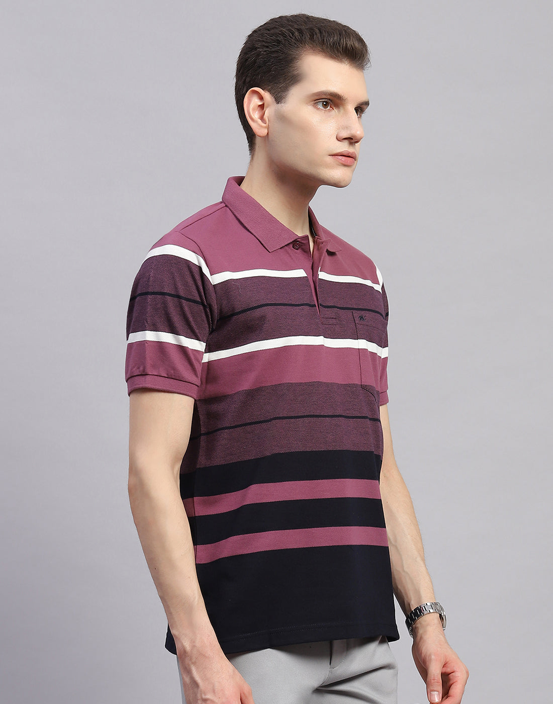 Men Purple Stripe Collar Half Sleeve T-Shirt