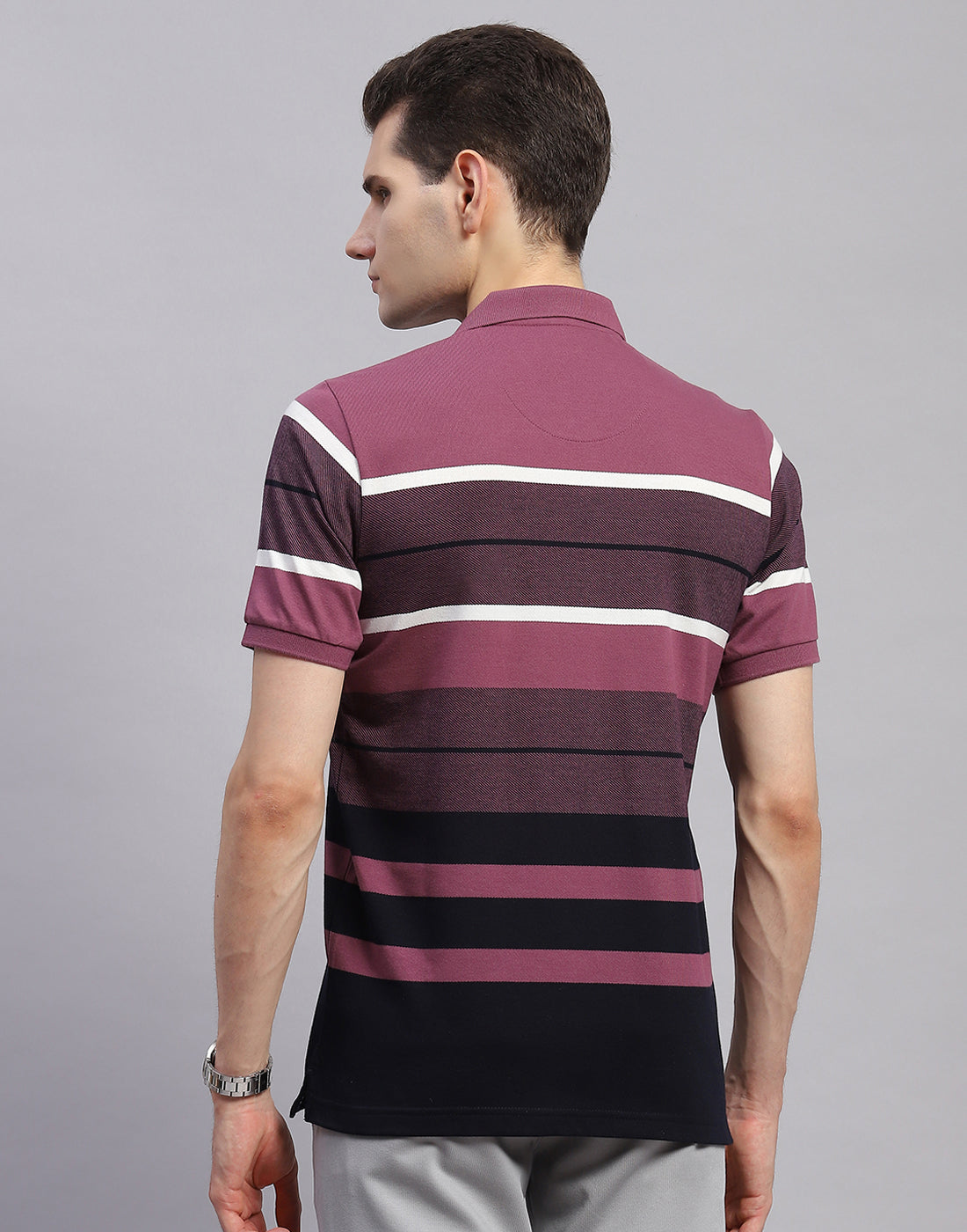 Men Purple Stripe Collar Half Sleeve T-Shirt