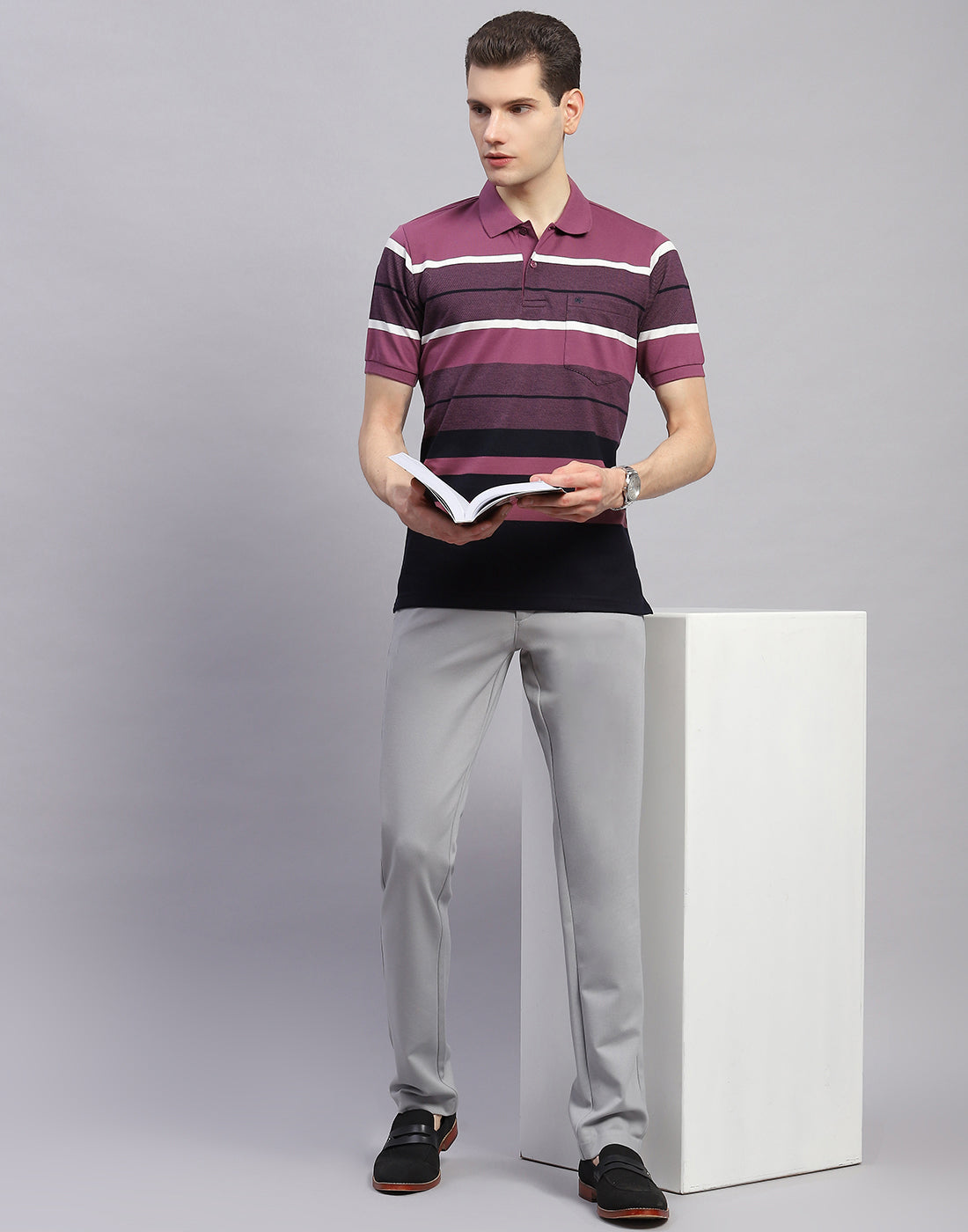 Men Purple Stripe Collar Half Sleeve T-Shirt