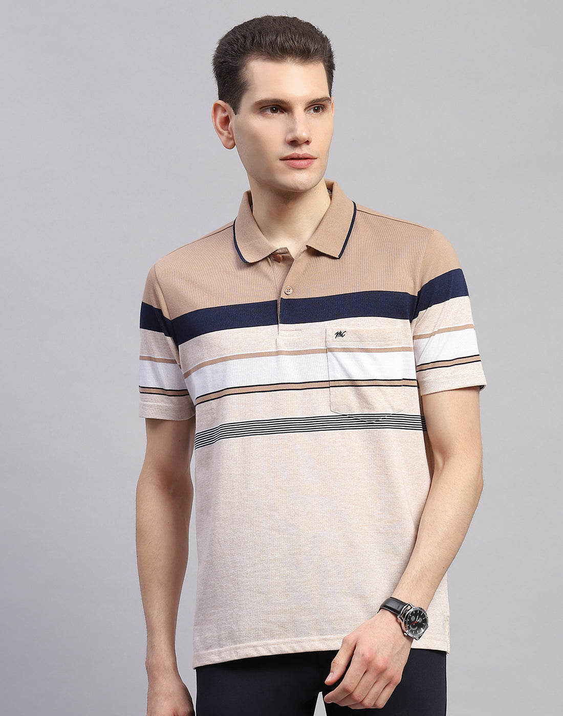 Men Pink Stripe Collar Half Sleeve T-Shirt