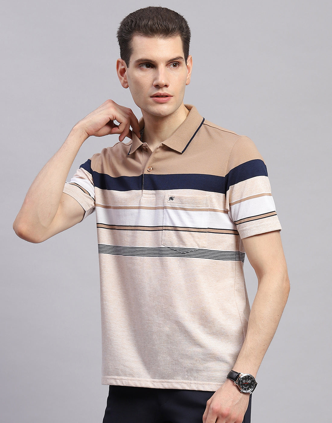 Men Pink Stripe Collar Half Sleeve T-Shirt