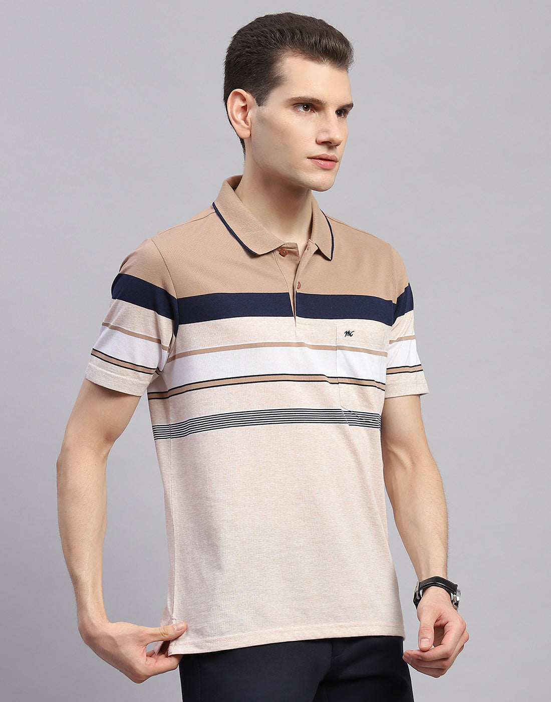 Men Pink Stripe Collar Half Sleeve T-Shirt