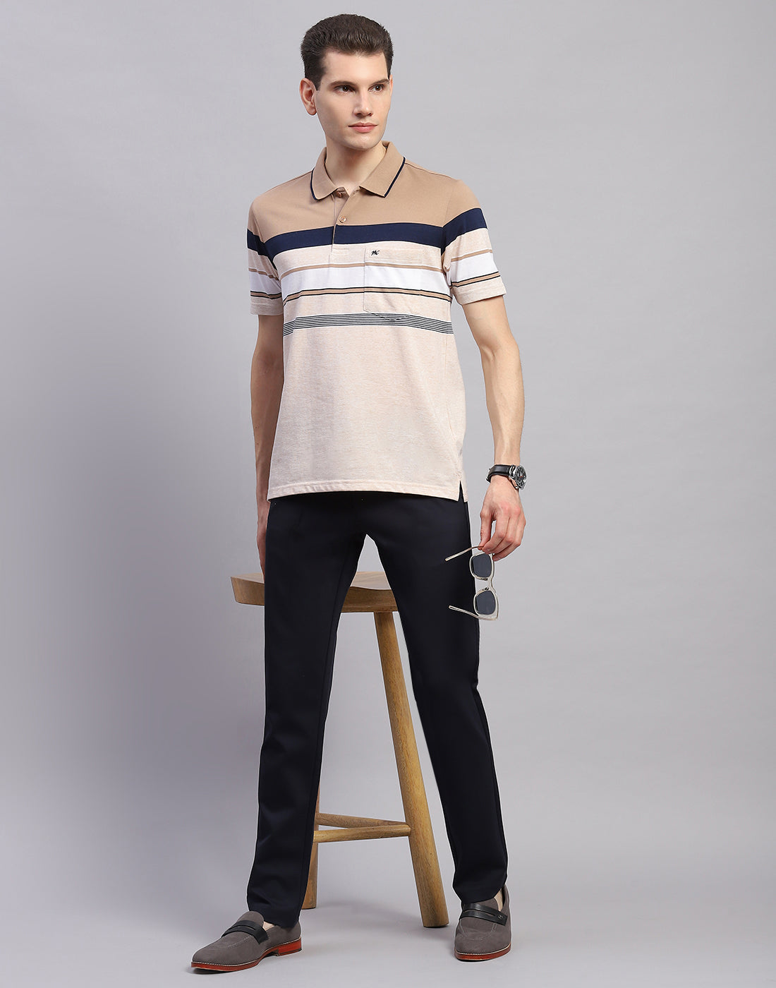 Men Pink Stripe Collar Half Sleeve T-Shirt