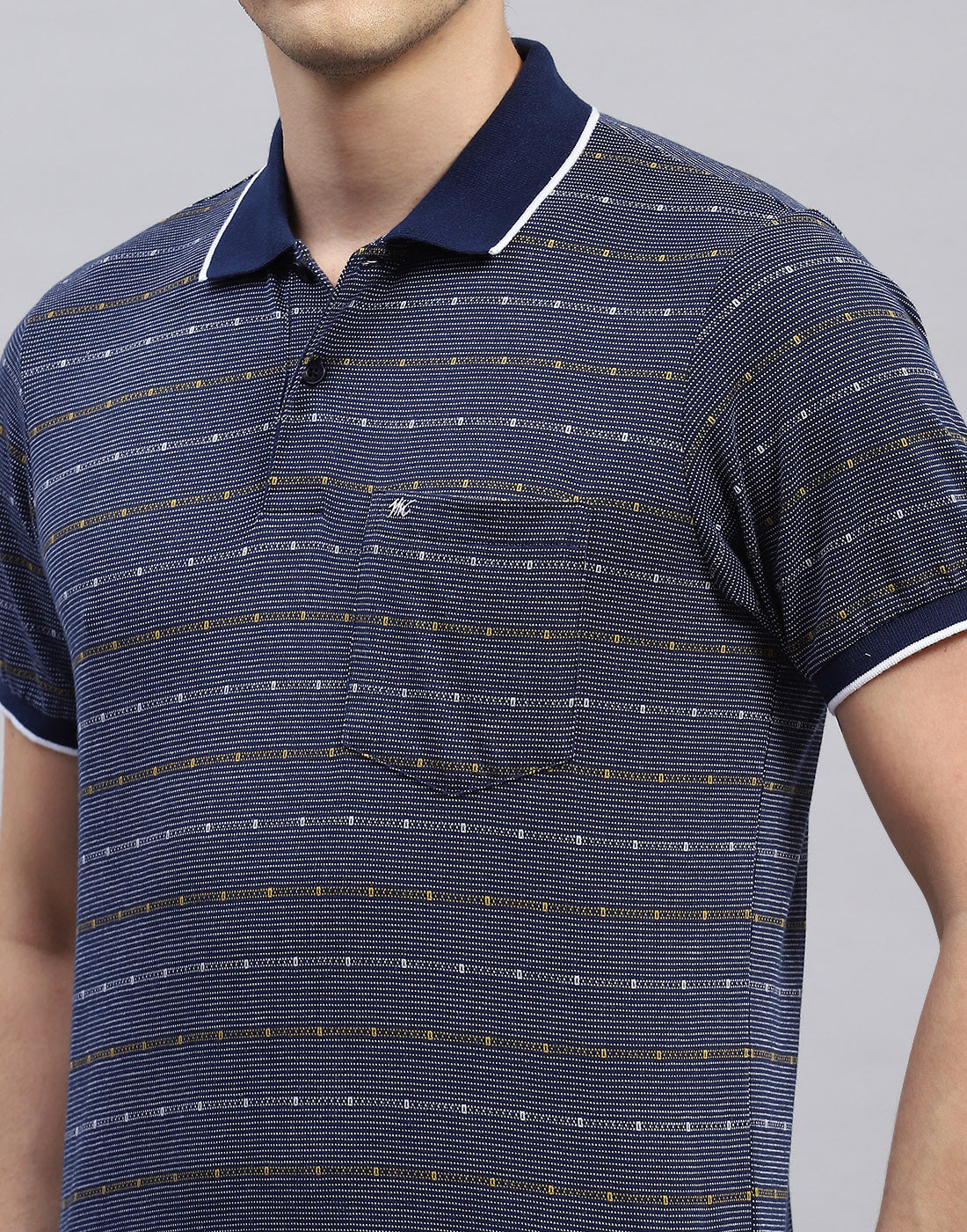 Men Navy Blue Stripe Polo Collar Half Sleeve T-Shirt