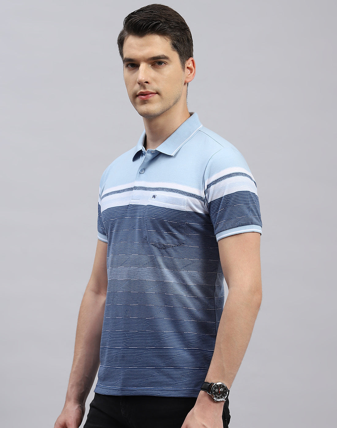 Men Sky Blue Stripe Polo Collar Half Sleeve T-Shirt