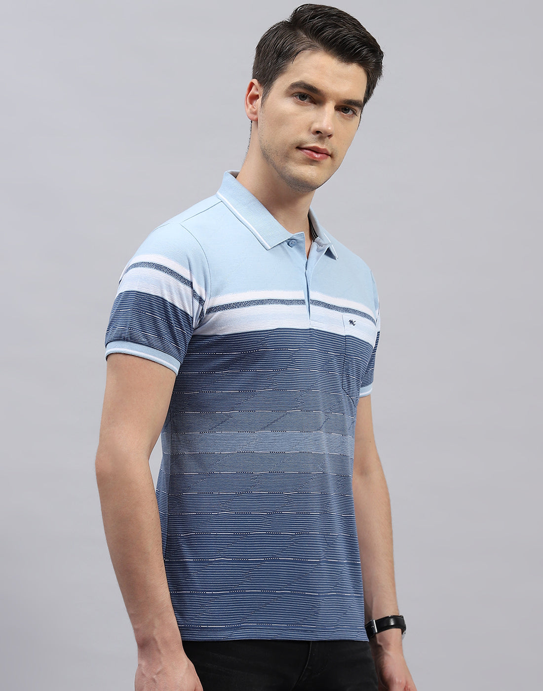 Men Sky Blue Stripe Polo Collar Half Sleeve T-Shirt