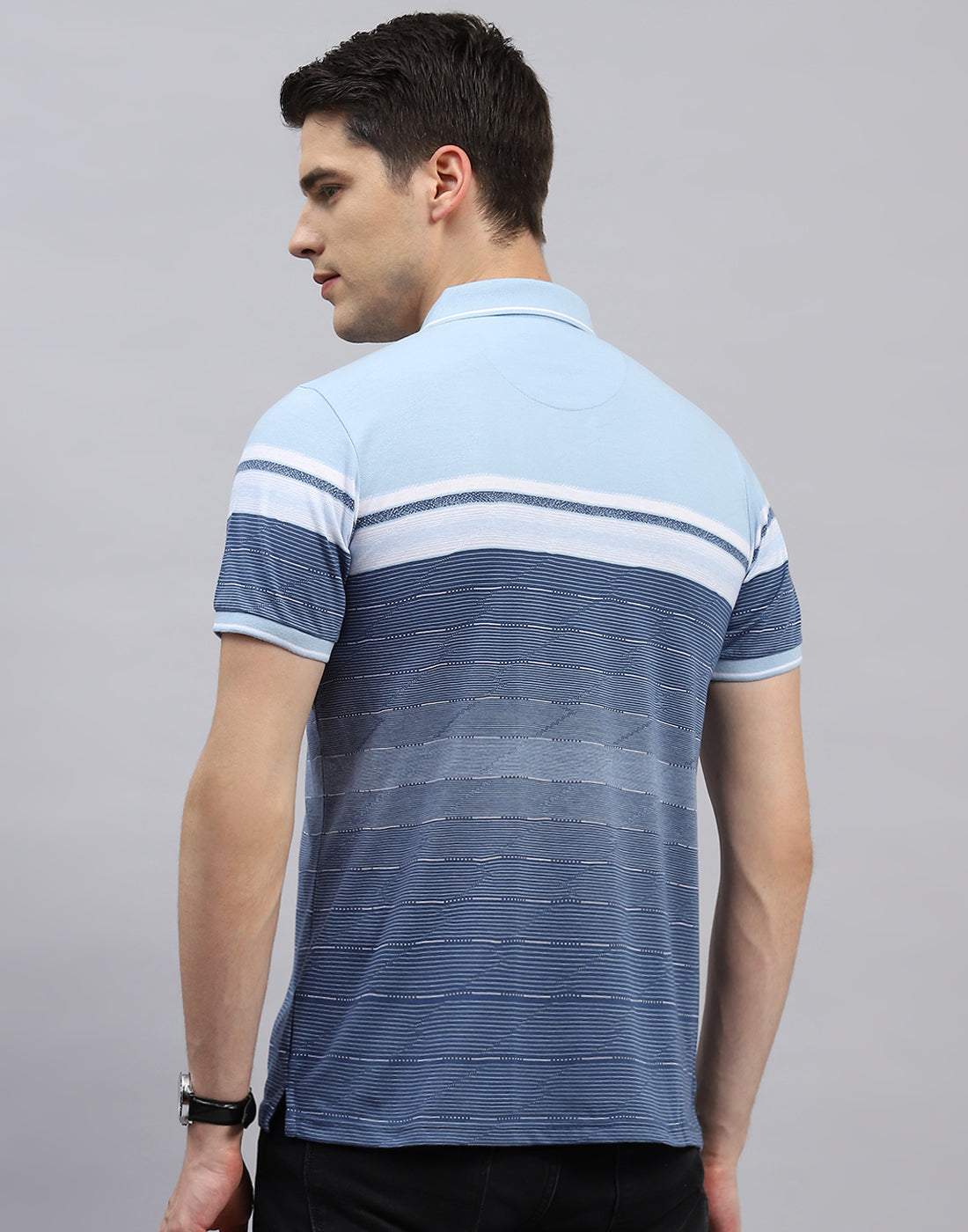 Men Sky Blue Stripe Polo Collar Half Sleeve T-Shirt