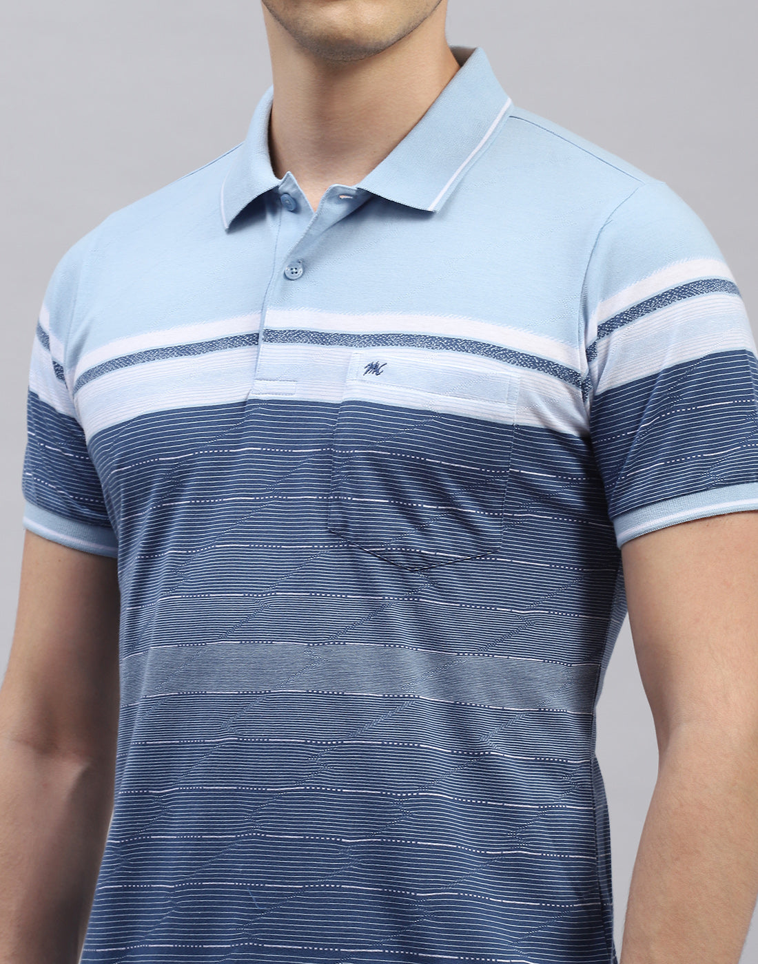 Men Sky Blue Stripe Polo Collar Half Sleeve T-Shirt