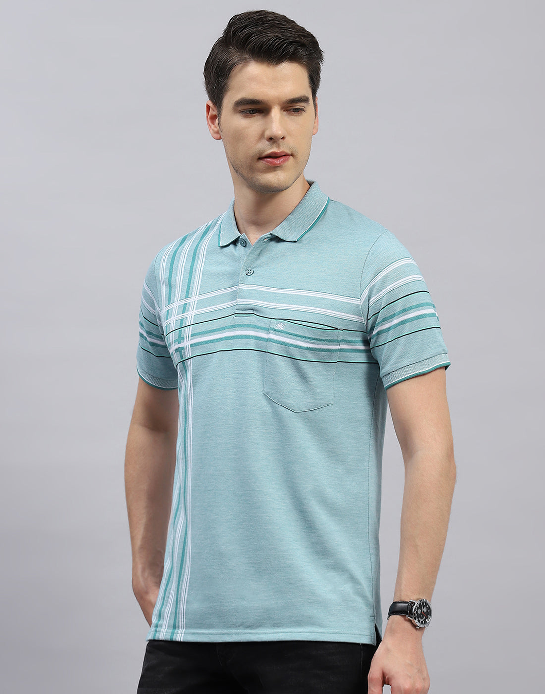 Men Blue Stripe Polo Collar Half Sleeve T-Shirt