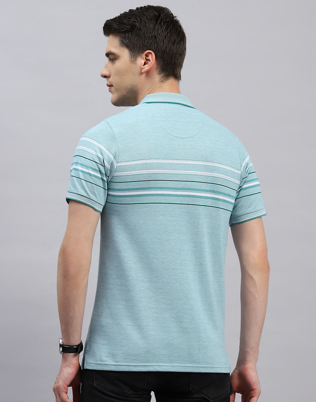 Men Blue Stripe Polo Collar Half Sleeve T-Shirt